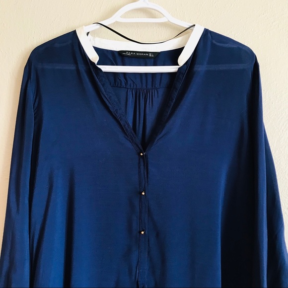 Zara Woman’s Blue Long Sleeve V-neck Blouse - Picture 3 of 6